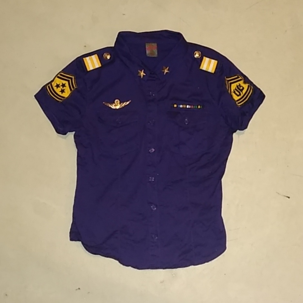 Purple Military Uniform Chic Button Down Top L